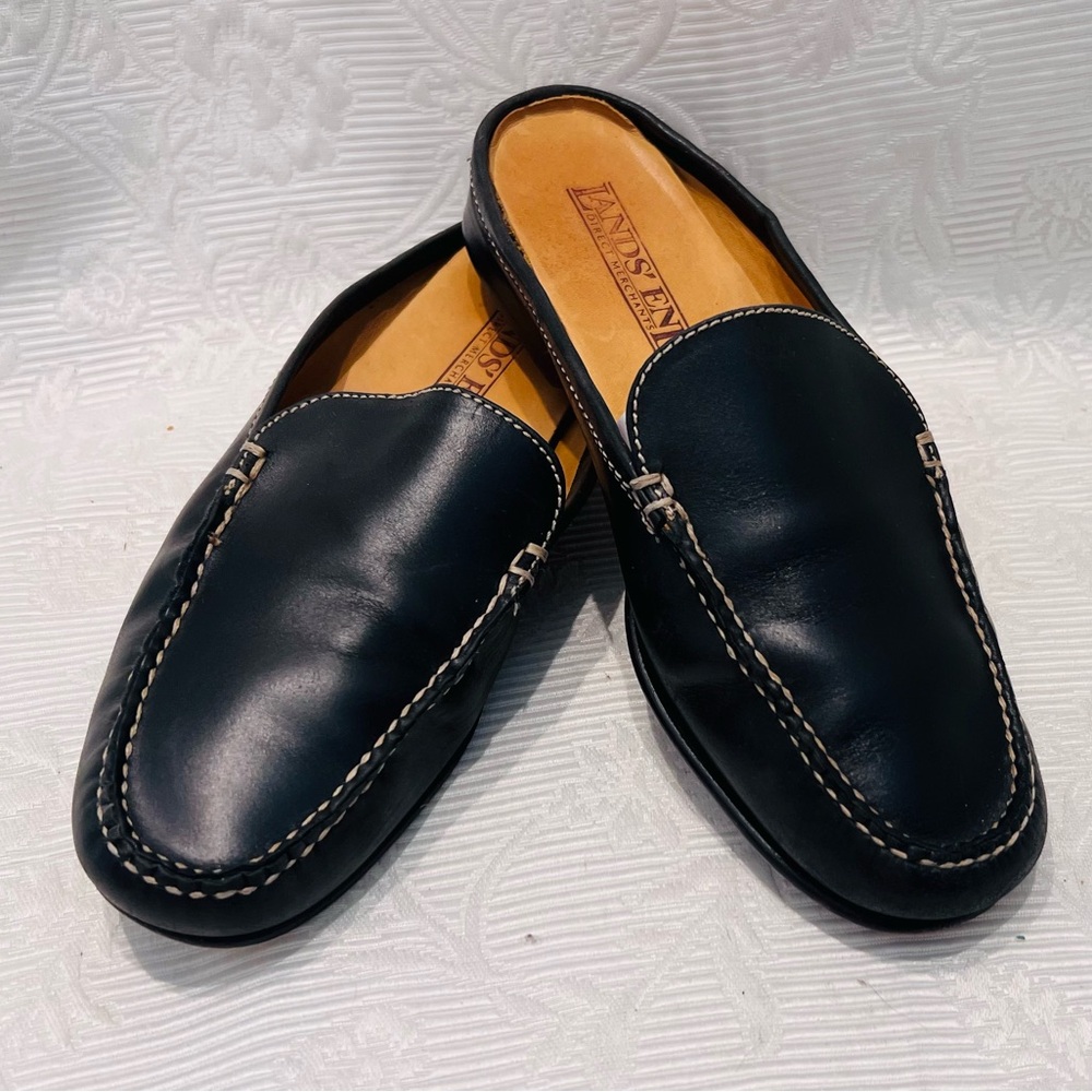 Lands End‎ Shoes Mules Sz 6 Slip On Comfort Flats Black Leather
